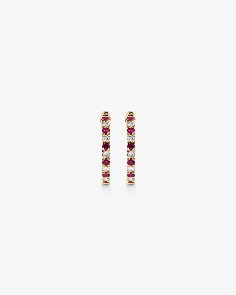 0.22 Carat TW Diamond and Created Ruby Huggie Hoop Earrings in 10kt Yellow Gold