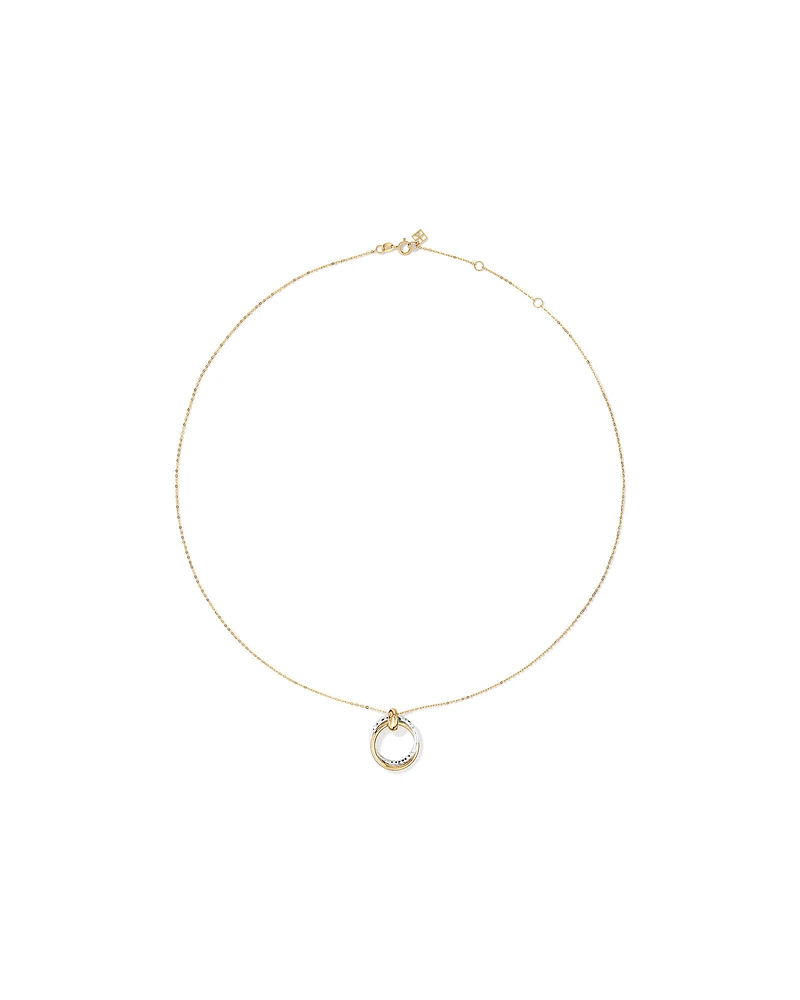 Two-Tone Double Circle Pendant Hammered Finish Necklace in 10kt White and Yellow Gold
