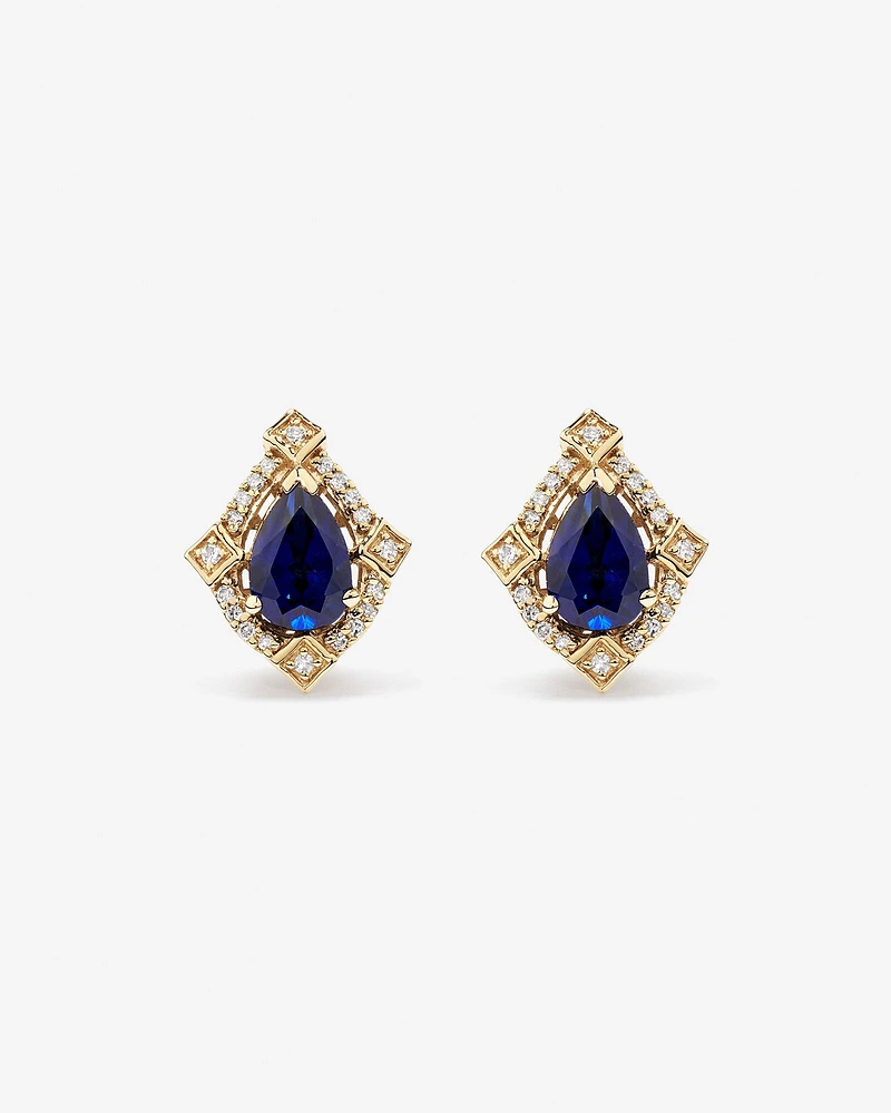Pear Cut Created Sapphire and Diamond Halo Stud Earrings in 10kt Yellow Gold
