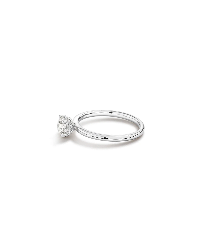 0.68 Carat TW Round Brilliant Diamond Solitaire Hidden Pave Halo Engagement Ring in Platinum