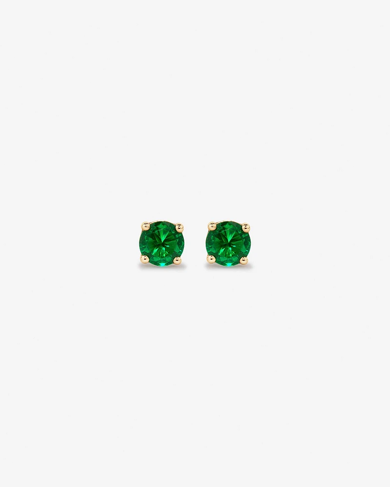 Round Green Created Emerald Birthstone Stud Earrings in 10kt Yellow Gold