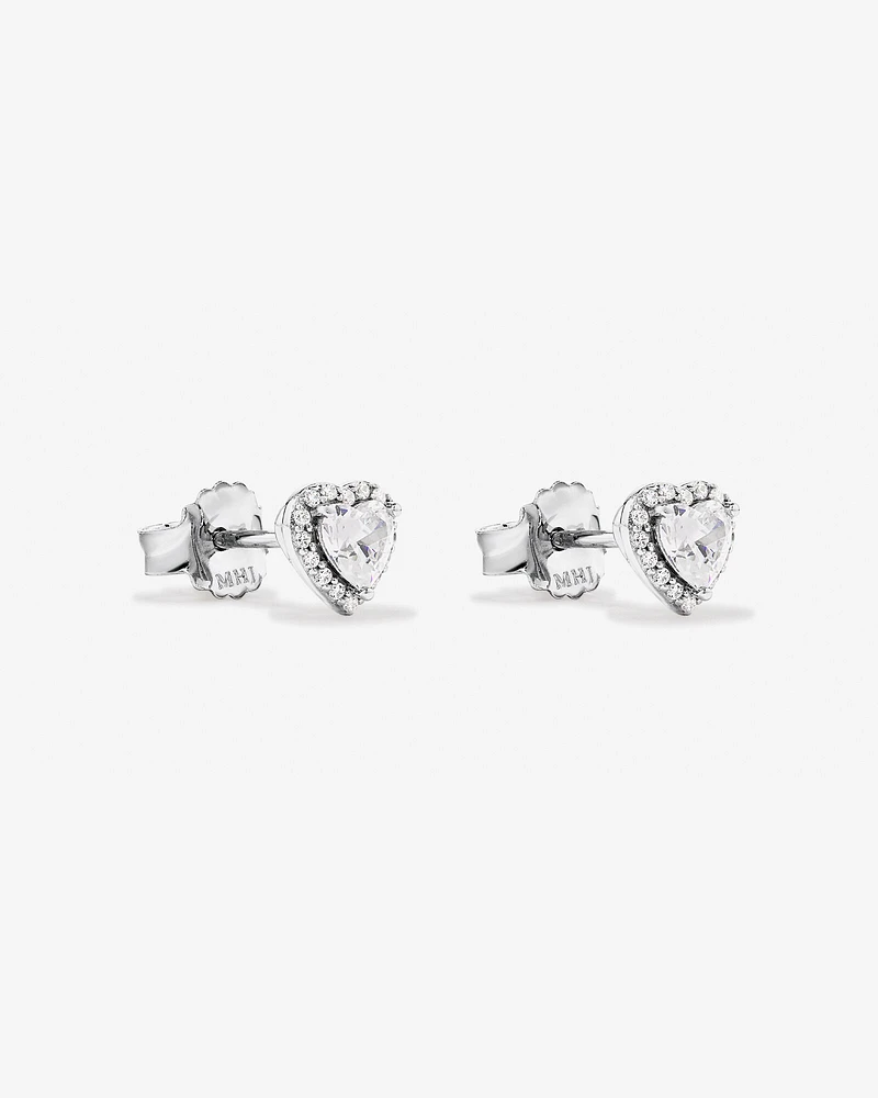 Heart Shape Cubic Zirconia Halo Stud Earrings in Sterling Silver