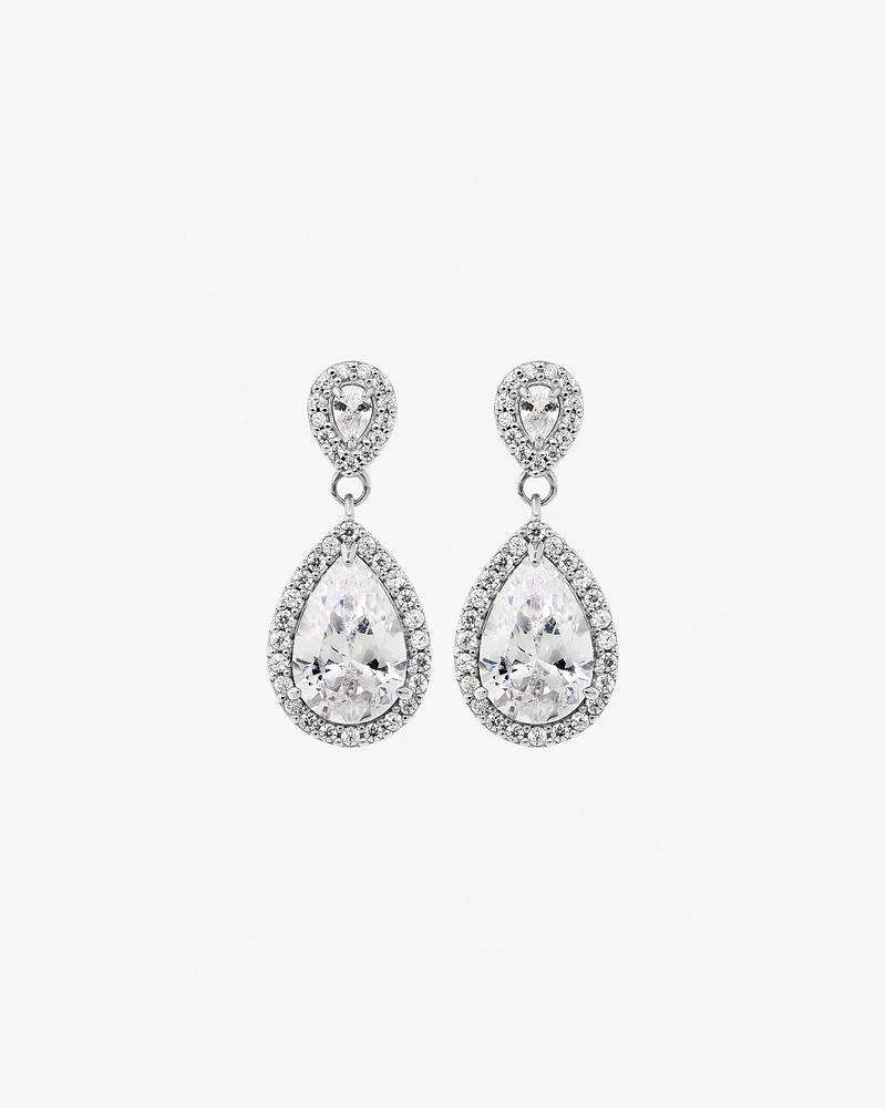 Pear Cubic Zirconia Halo Drop Stud Earrings in Sterling Silver