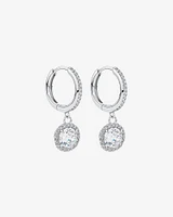 Round Brilliant Cubic Zirconia Halo Drop Hoop Earrings in Sterling Silver