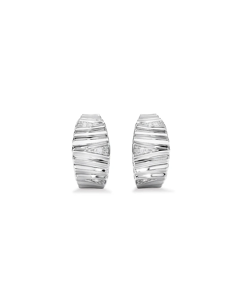 Cubic Zirconia Tapered Chunky Rib Half Hoop Stud Earrings in Sterling Silver