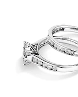 1.00 Carat TW Round Diamond Cluster Engagement Ring and Channel Set Wedding Band Bridal Set in 14kt White Gold