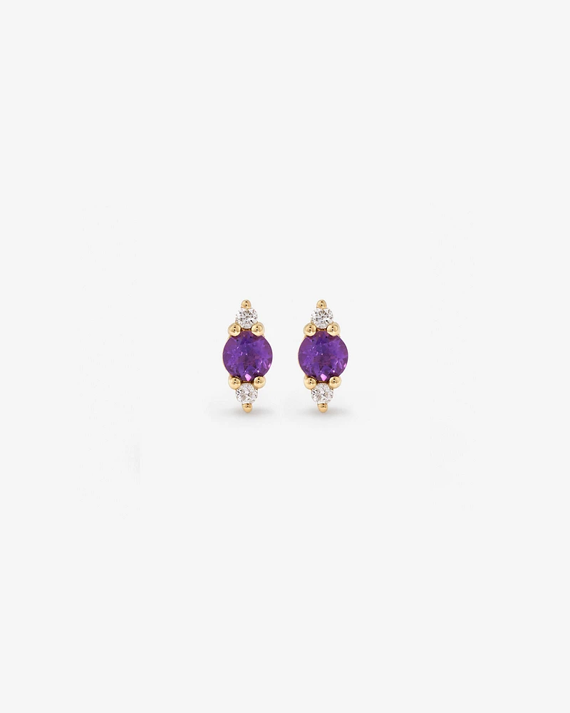 3 Stone Amethyst and Diamond Stud Earrings in 10kt Yellow Gold