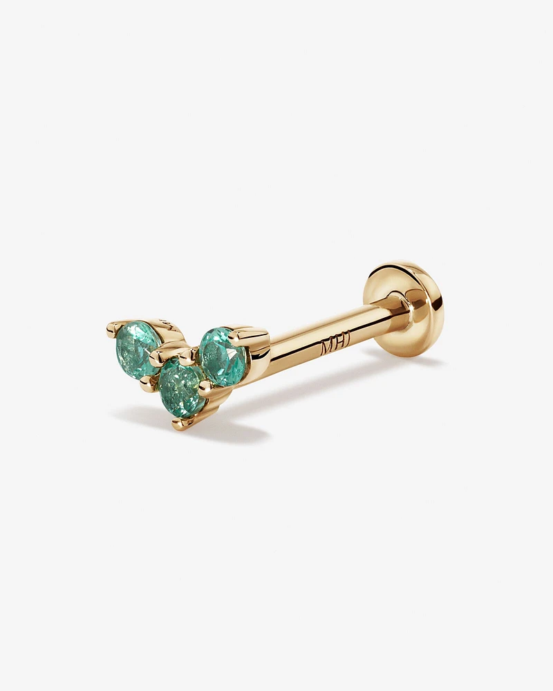Green Emerald Gemstone Trio Flat Back Helix Single Stud Earring in 10kt Yellow Gold