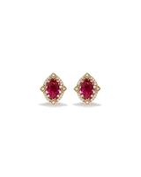 Oval Cut Created Ruby and Diamond Halo Stud Earrings in 10kt Yellow Gold