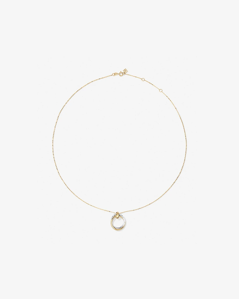 Two-Tone Double Circle Pendant Hammered Finish Necklace in 10kt White and Yellow Gold