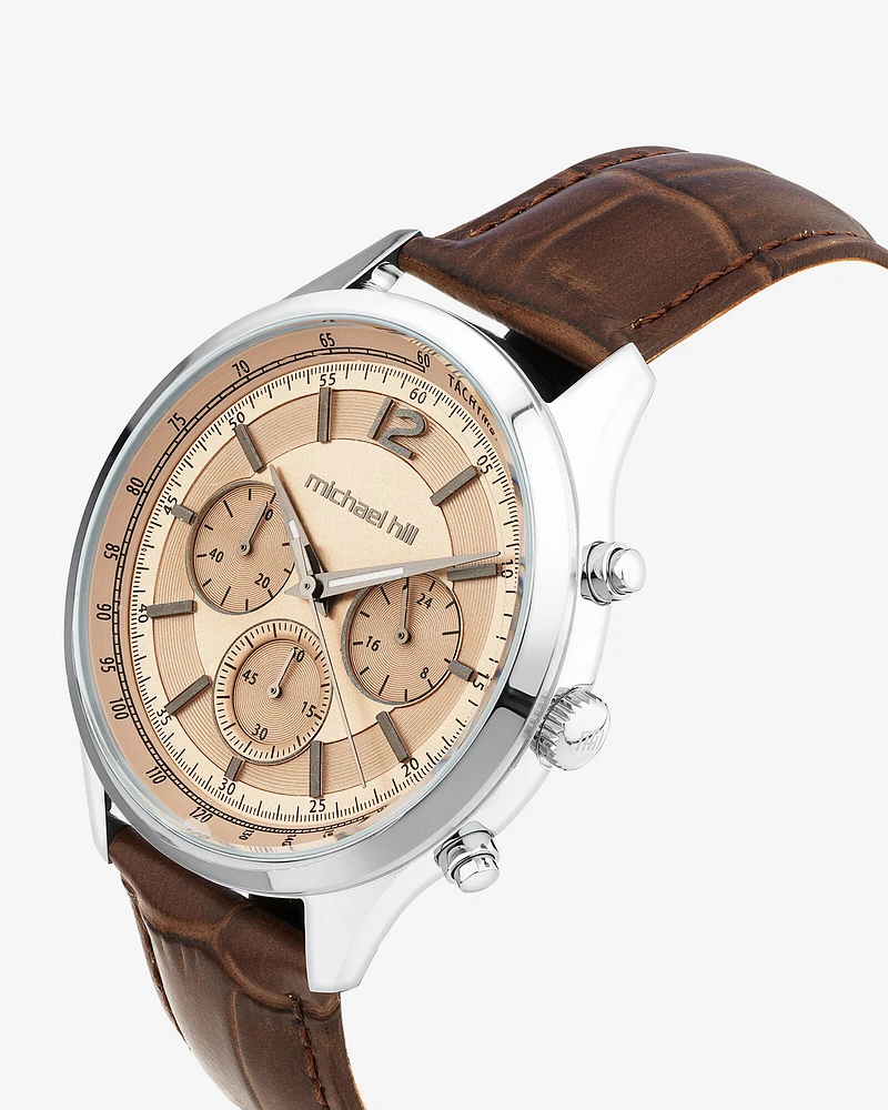 Montre chronographe en acier inoxydable et en cuir brun pour homme