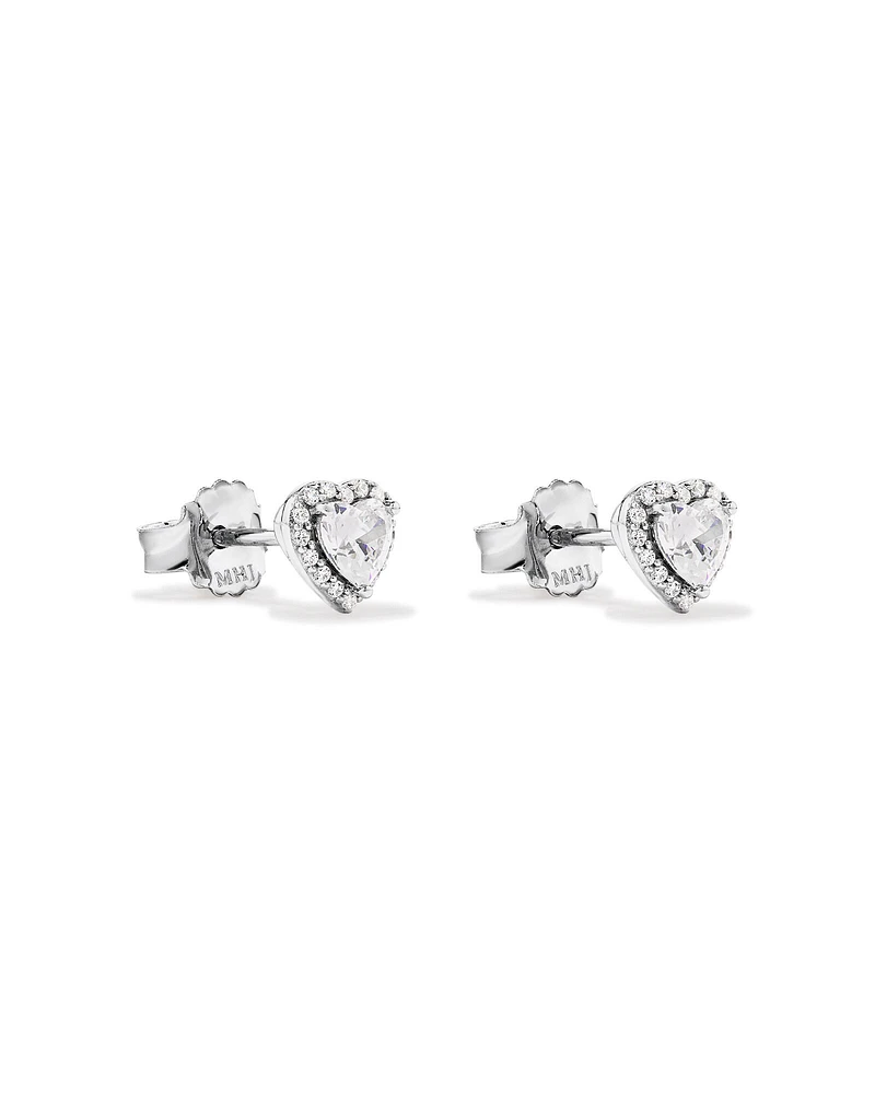 Heart Shape Cubic Zirconia Halo Stud Earrings in Sterling Silver
