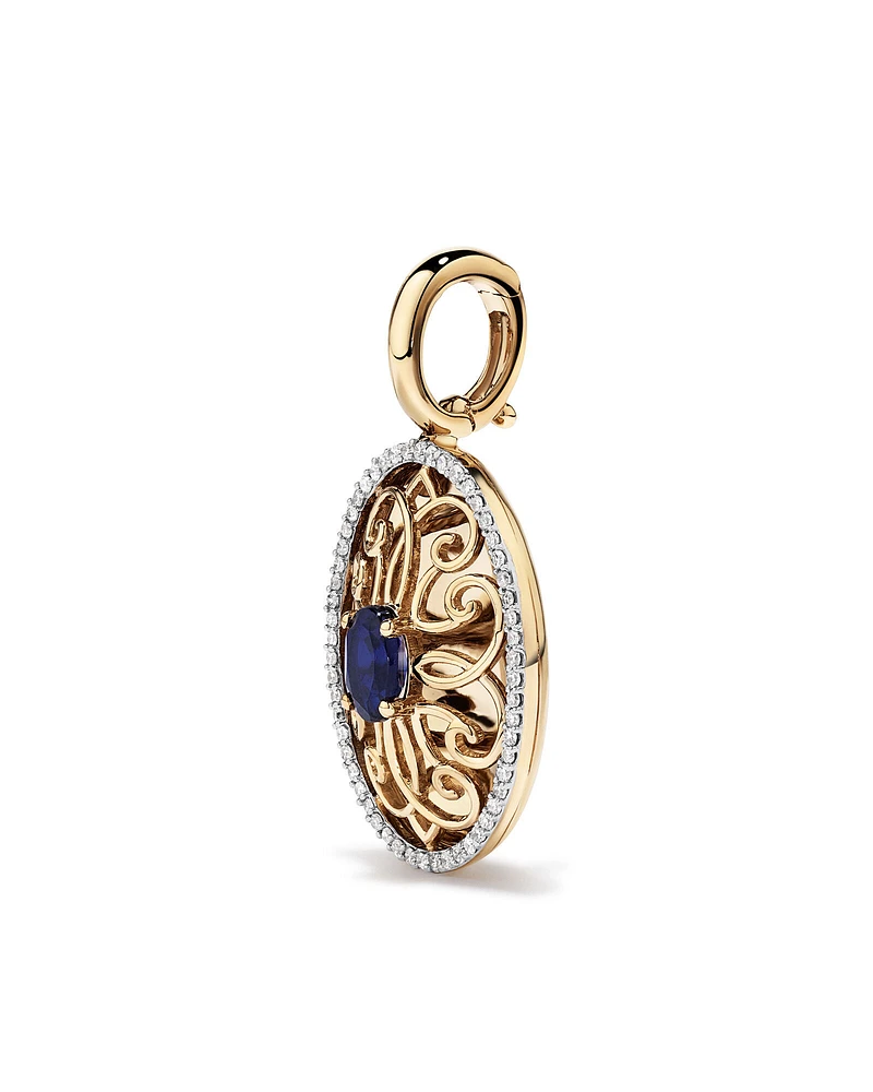 Blue Created Sapphire Gemstone and Diamond Halo Filigree Oval Enhancer Pendant in 10kt Yellow Gold