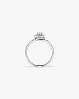 0.55 Carat TW Emerald Diamond Halo Baguette Side Accent Engagement Ring in 14kt White Gold