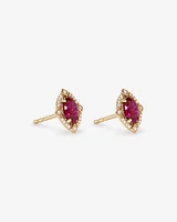 Oval Cut Created Ruby and Diamond Halo Stud Earrings in 10kt Yellow Gold