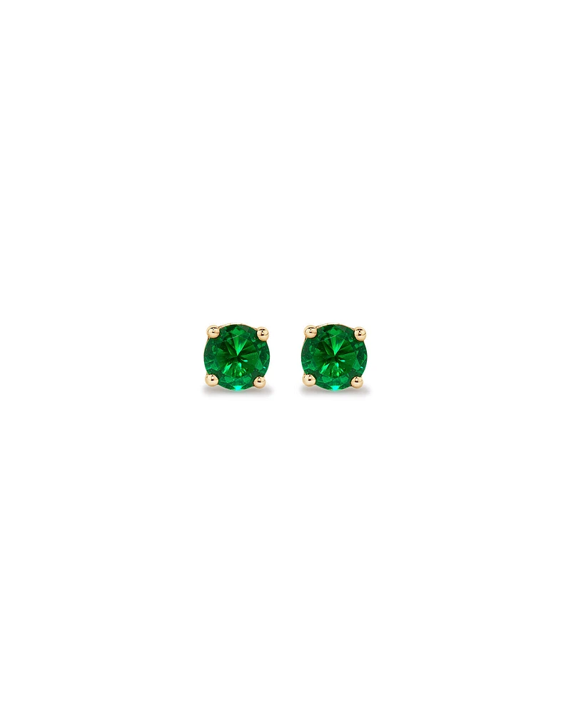 Round Green Created Emerald Birthstone Stud Earrings in 10kt Yellow Gold