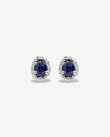 Oval Cut Blue Created Sapphire and Lab-Grown Diamond Halo Stud Earrings and Pendant Necklace Set in 10kt Yellow Gold and Rhodium