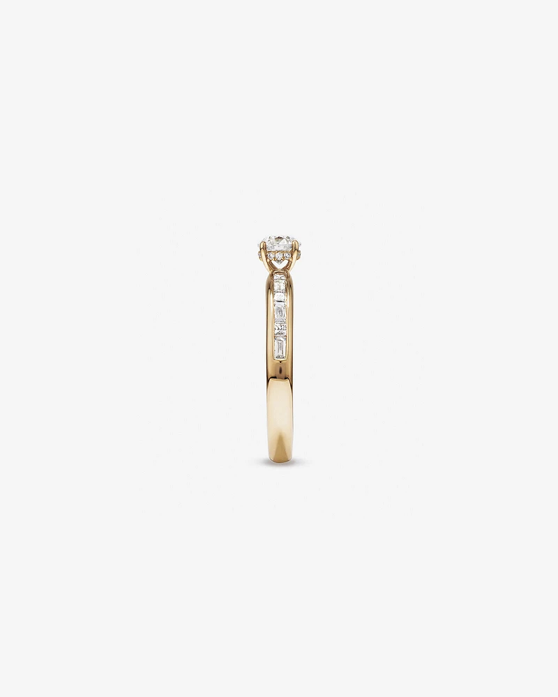 0.77 Carat TW Round Brilliant Diamond and Baguette, Princess Side Accent Engagement Ring with Hidden Halo in 14kt Yellow Gold