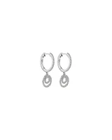 Fine Double Circle Diamond Drop Huggie Earrings in Sterling Silver