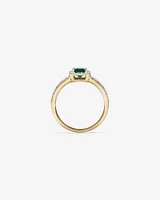 Emerald Cut Green Created Emerald and Lab-Grown Diamond Halo Ring in 10kt Yellow Gold and Rhodium