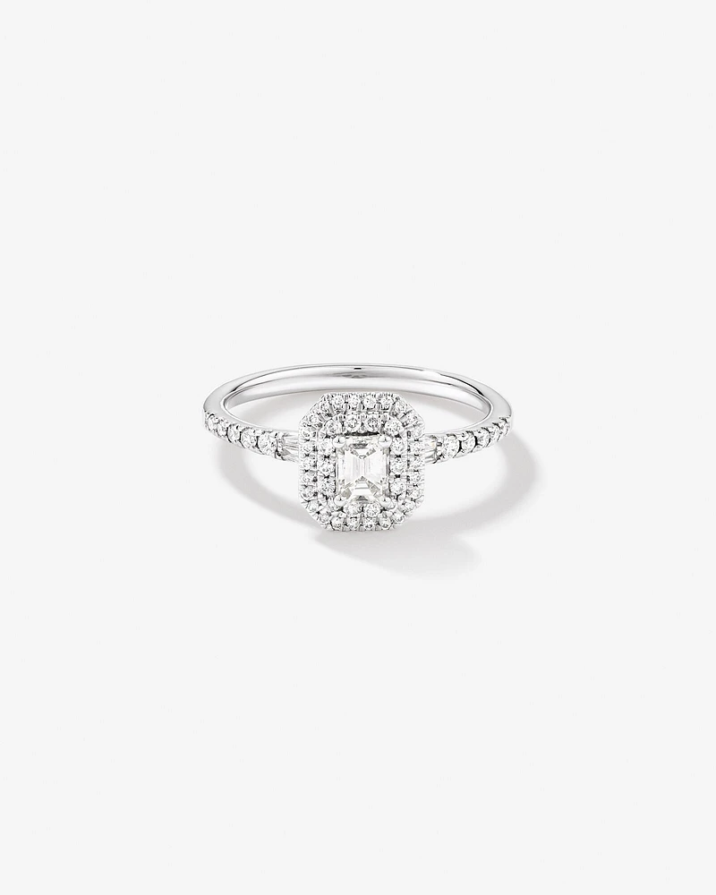 0.55 Carat TW Emerald Diamond Halo Baguette Side Accent Engagement Ring in 14kt White Gold