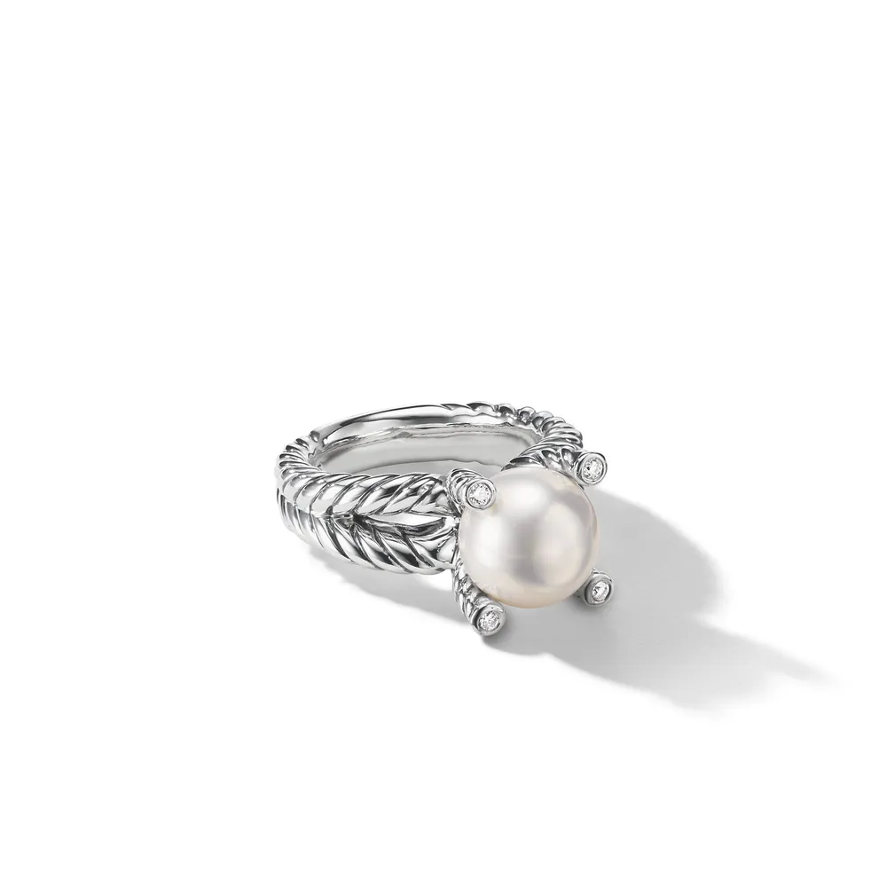 Cable Collectibles Pearl Ring in Sterling Silver with Pearl and Diamonds, 11mm