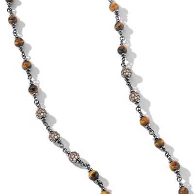 Spiritual Beads Necklace in Sterling Silver with Tigers Eye and Cognac Diamonds, 6mm