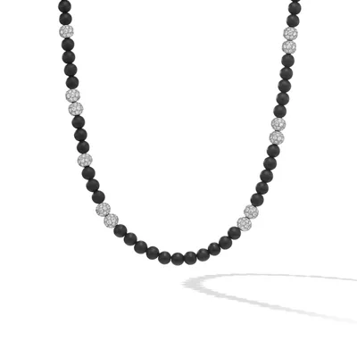 Spiritual Beads Necklace in Sterling Silver with Black Onyx and Pavé Diamonds, 6mm
