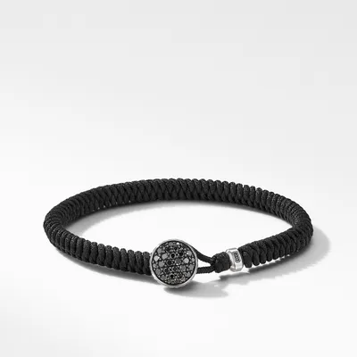 Streamline Woven Bracelet in Black Nylon with Black Diamonds and Sterling Silver, 6mm