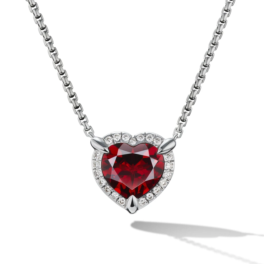 Chatelaine Heart Pendant Necklace in Sterling Silver with Garnet and Diamonds, 10.3mm
