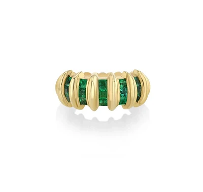 5 Row Emerald Carre Fluted Bar Ring, 18KYG, Size 7