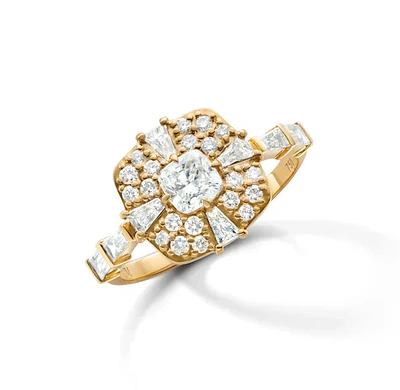 "Points North" Diamond Ring with Cushion, Baguette and Round Diamonds