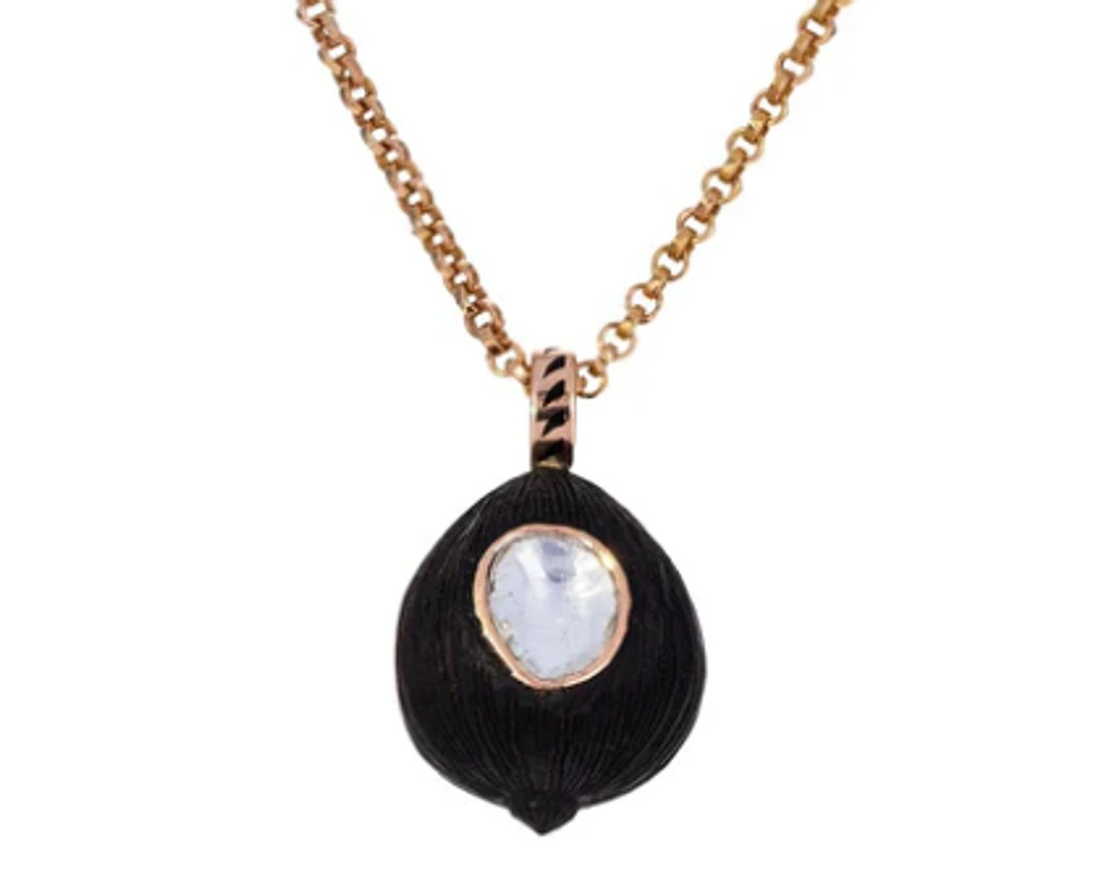 Dezso 18K Rose Gold Tiny Carved Coquito Pendant with Onyx And Polky Diamond