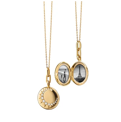 Round Yellow Gold & White Diamond Locket Necklace Length 17"