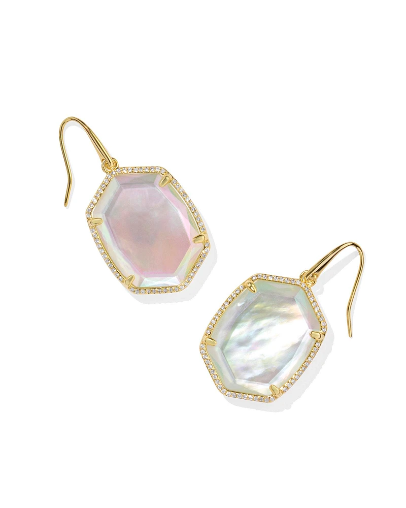 Daphne Gold Pave Frame Drop Earrings in Iridescent Ivory Illusion