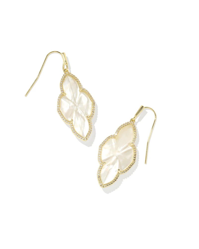 Abbie Gold Pave Frame Drop Earrings in Ivory Mother-of-Pearl