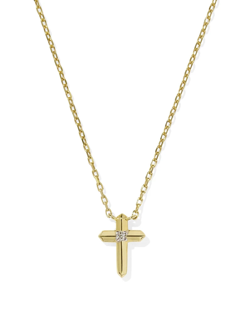 Tiny Cross 14k Yellow Gold Pendant Necklace White Diamond