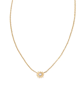Tiny Flower 14k Yellow Gold Pendant Necklace in White Diamond
