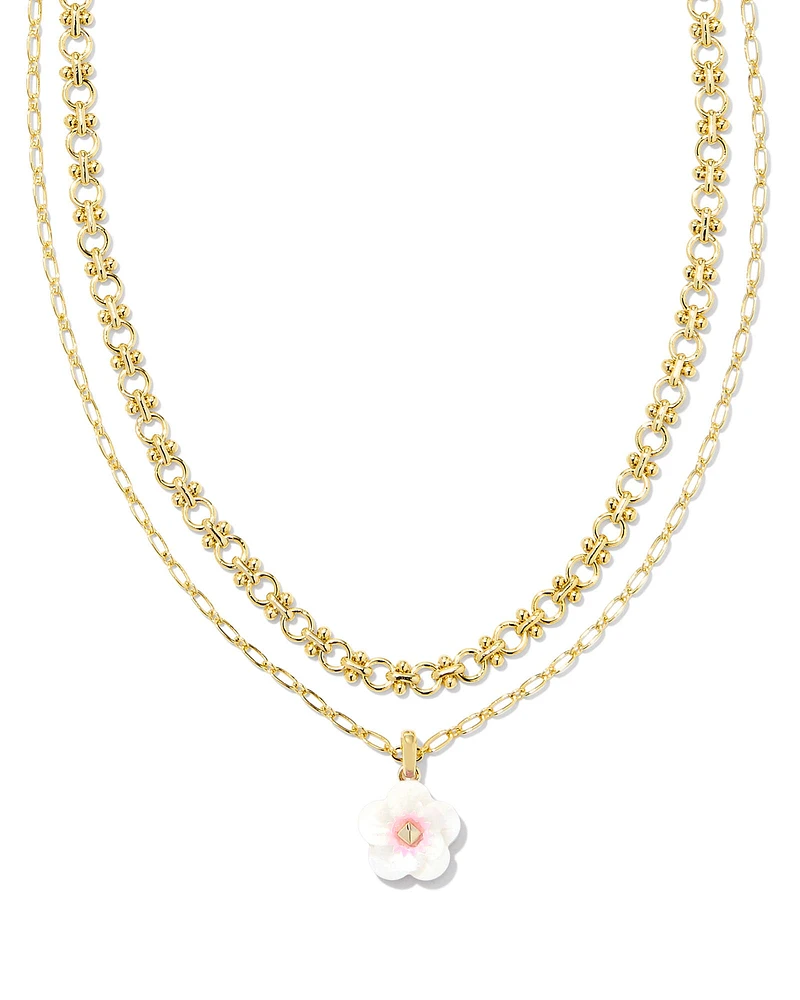 Deliah Gold Multi Strand Necklace in Iridescent Pink White Mix