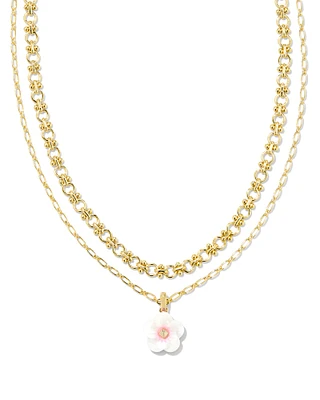 Deliah Gold Multi Strand Necklace in Iridescent Pink White Mix
