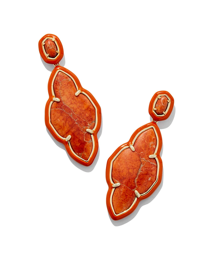 Abbie Gold Enamel Frame Statement Earrings Variegated Orange Magnesite
