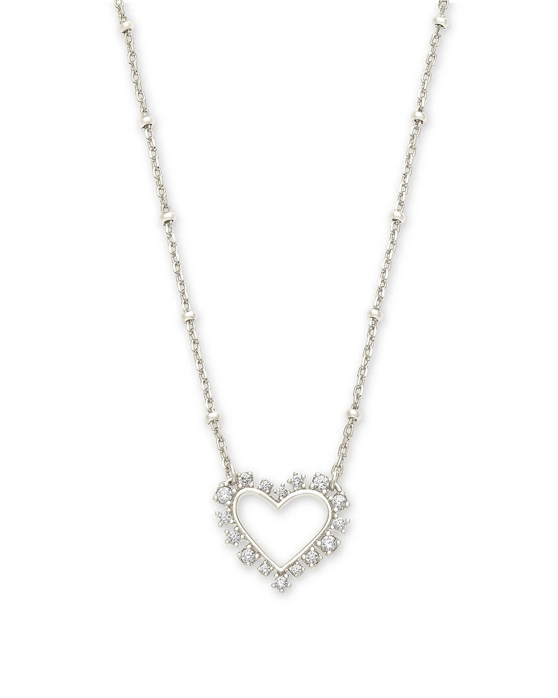 Ari Heart Silver Pendant Necklace in White Crystal