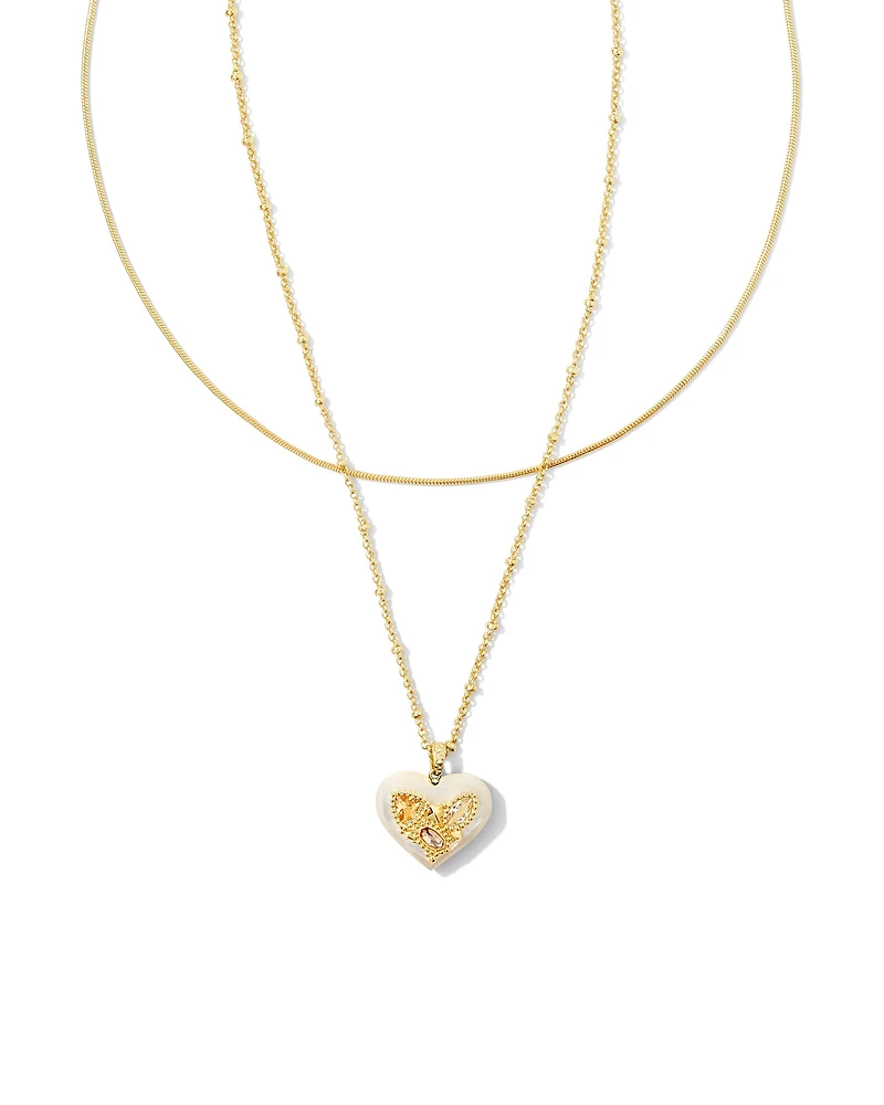 Penny Gold Heart Multi Strand Necklace Green Mix