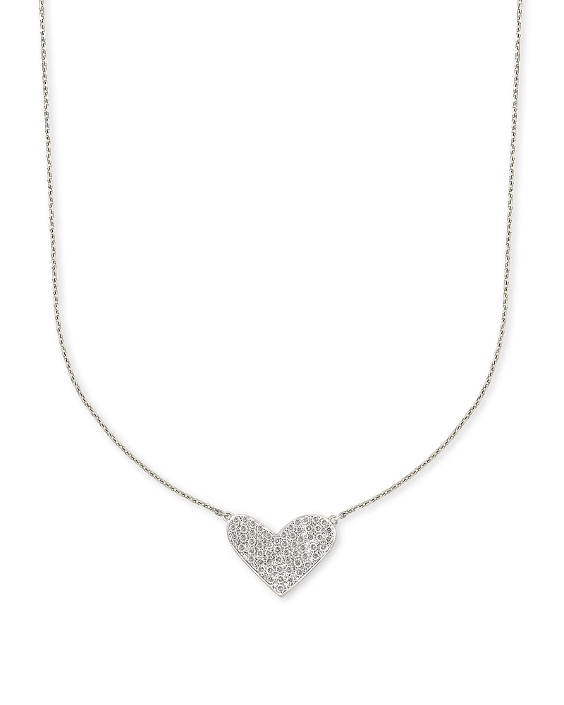 Large Heart 14k White Gold Pendant Necklace in White Diamond