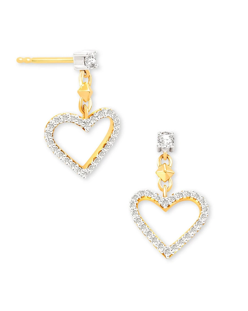 0.28 ct Open Heart 14k Yellow Gold Drop Earrings in White Diamond