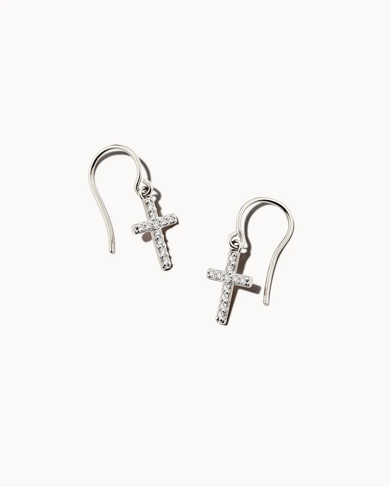 Cross Drop Earrings in 14k White Gold