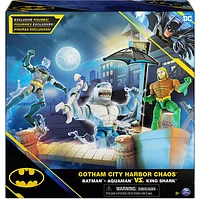 DC Comics, Gotham City Harbor Chaos Playset 4-inch Batman, Aquaman, King Shark Action Figures