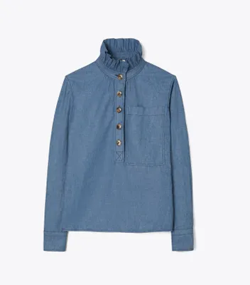 Chambray Ruffle Neck Blouse