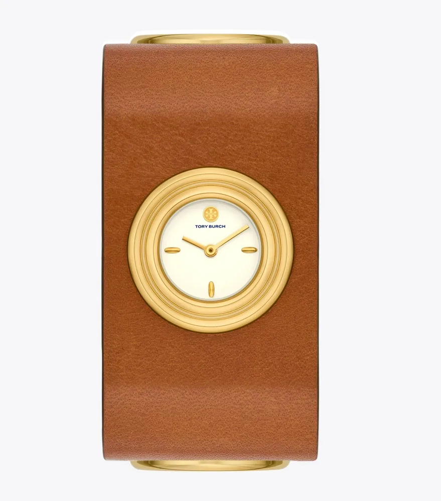 Leather Cuff Watch, Gold-Tone Stainless Steel