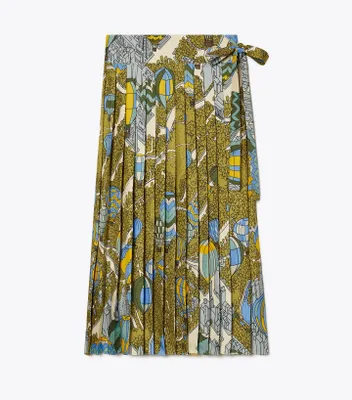 Silk Twill Pleated Wrap Skirt